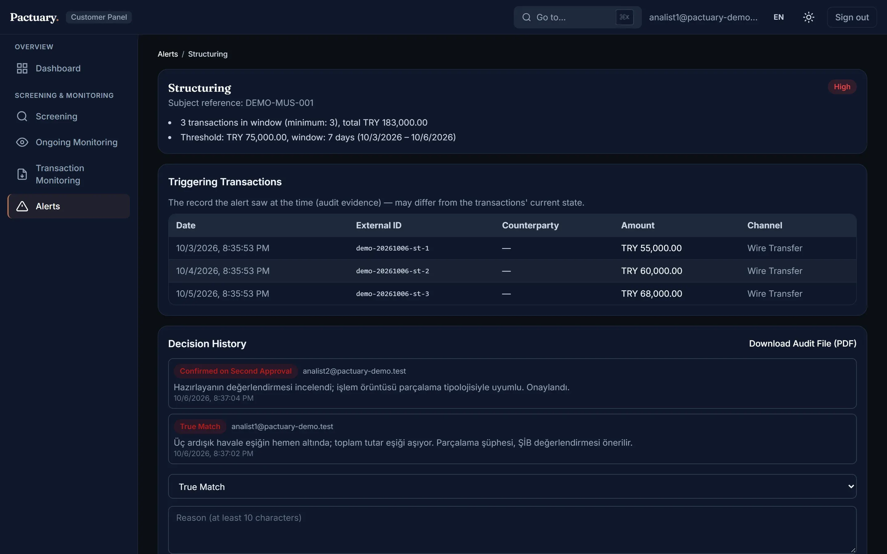 Structuring alert with triggering transactions and decision history