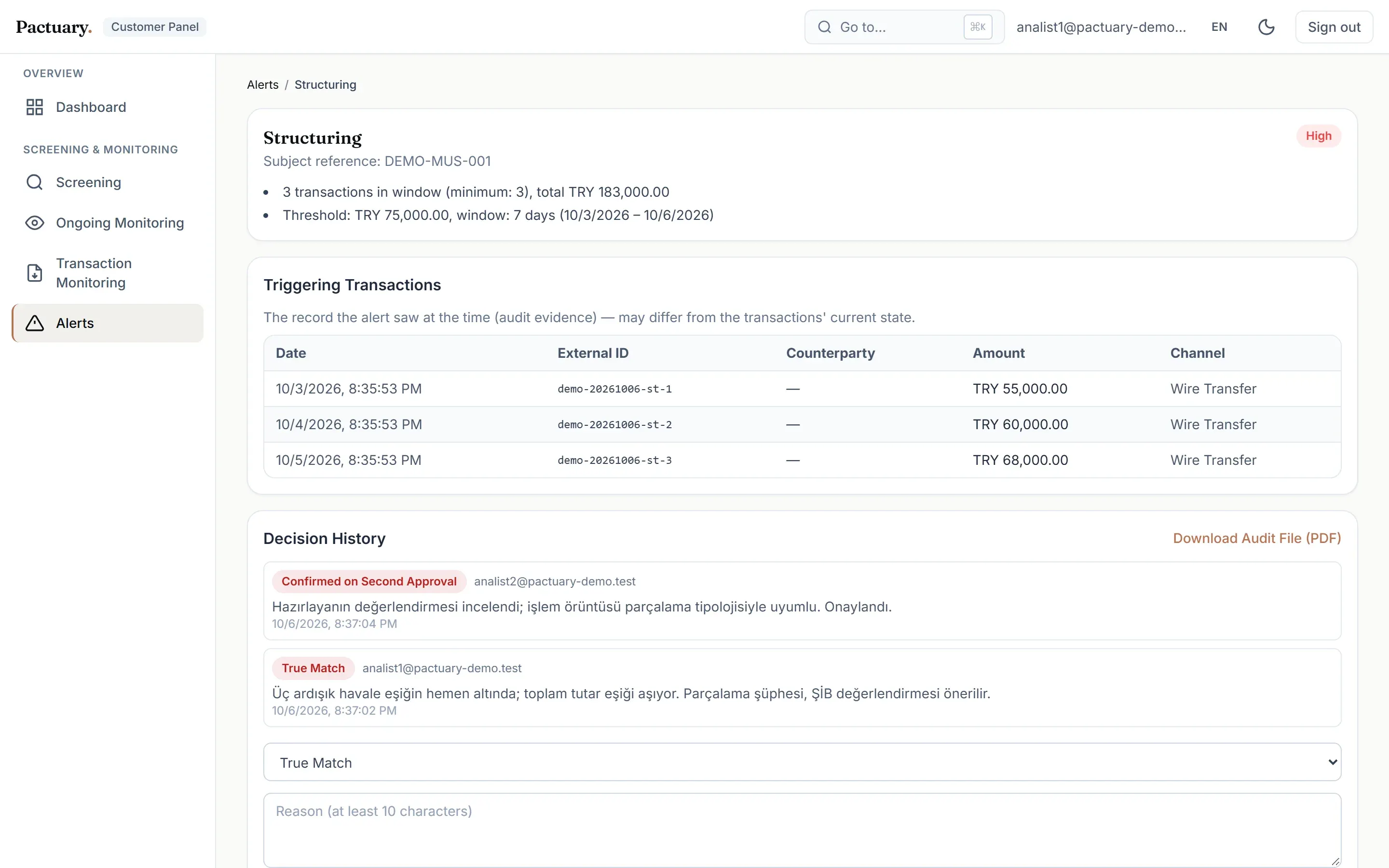 Structuring alert with triggering transactions and decision history