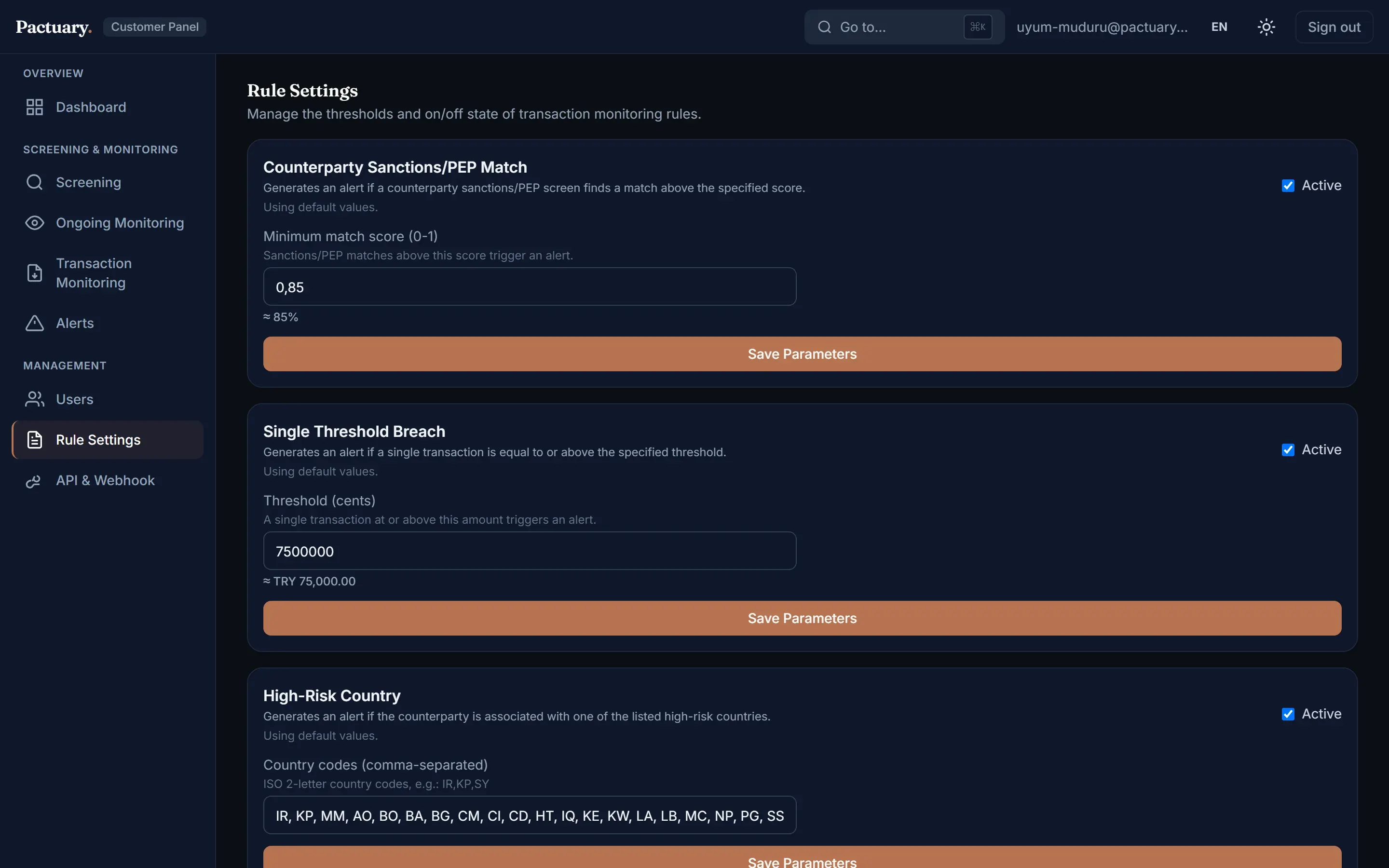 Rule settings page